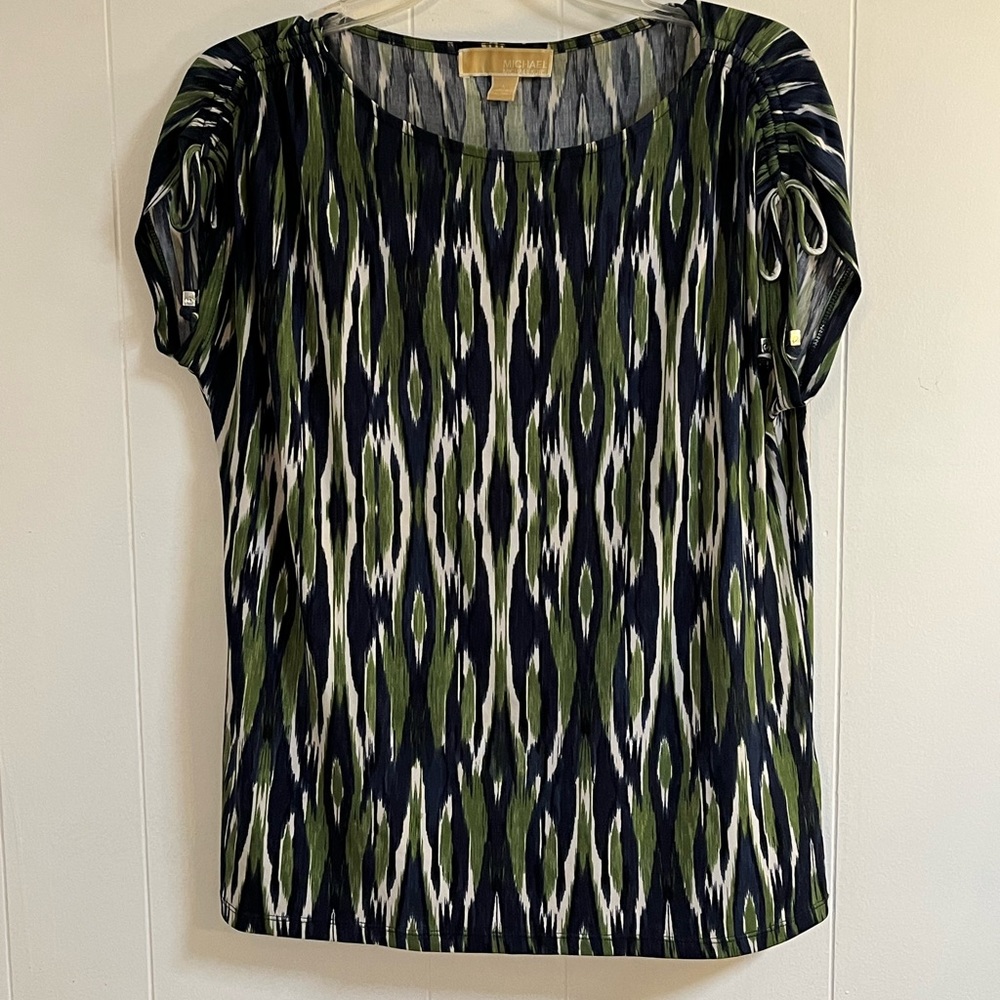 Olive green and navy blue MK Michael Kors blouse with sleeve bow detail